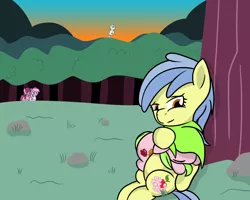 Size: 1280x1024 | Tagged: safe, artist:dinkyuniverse, derpibooru import, apple flora, cotton cloudy, piña colada, ruby pinch, sweet tooth, earth pony, pegasus, pony, unicorn, apple family member, appletooth, cottonbetes, cute, female, field, filly, foal, forest, happy, mare, peaceful, pinapinch, relaxing, resting, sleeping, snuggling, sunset, tree