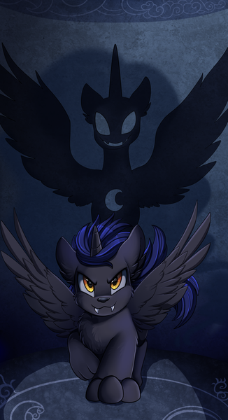 Size: 1550x2850 | Tagged: safe, alternate version, artist:pridark, derpibooru import, oc, unofficial characters only, alicorn, bat pony, bat pony alicorn, werewolf, wolf, wolf pony, bat wings, commission, fangs, high res, horn, shadow, solo, spread wings, wings