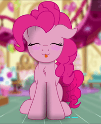 Size: 800x981 | Tagged: safe, artist:bastbrushie, derpibooru import, pinkie pie, earth pony, pony, :3, animated, bastbrushie is trying to kill us, blushing, cute, daaaaaaaaaaaw, excited, eyes closed, female, floppy ears, full face view, gif, ground, happy, hat, hnnng, hoof tapping, interior, mare, silly, silly pony, sitting, solo, tongue out, vibrating, vibrating like a broken washing machine