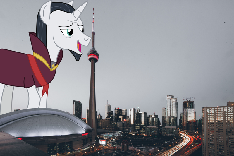 Size: 1920x1280 | Tagged: source needed, safe, artist:illumnious, artist:jerryakiraclassics19, derpibooru import, chancellor neighsay, pony, architecture, building, canada, city, cityscape, cn tower, giant pony, highrise ponies, irl, macro, photo, ponies in real life, road, skyscraper, street, toronto, town