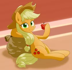 Size: 2819x2758 | Tagged: safe, artist:yinglongfujun, derpibooru import, applejack, earth pony, pony, apple, eating, female, food, herbivore, leaning back, looking at you, mare, sack, sitting, solo