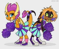 Size: 1280x1066 | Tagged: artist:zazush-una, cheerleader, cheerleader outfit, cheerleader smolder, clothes, cute, derpibooru import, dragon, dragon oc, duo, female, intertwined tails, oc, oc:zazush, pom pom, safe, simple background, smolder, smolderbetes, tail