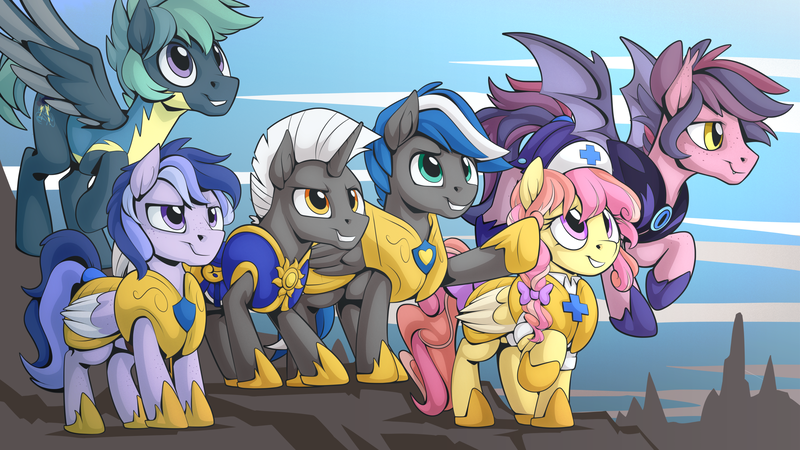 Size: 2560x1440 | Tagged: safe, artist:mysticalpha, derpibooru import, oc, oc:cloud zapper, oc:scope, oc:star catcher, oc:storm surge, oc:topstitch, unofficial characters only, bat pony, pegasus, pony, armor, bat pony oc, bat wings, female, male, mare, royal guard, royal guard armor, smiling, stallion, wings