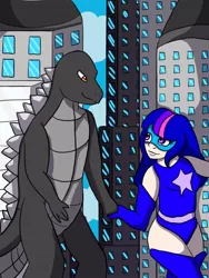 Size: 768x1024 | Tagged: artist:creationanimation25, clothes, derpibooru import, female, giantess, godzilla, godzilla (series), handshake, human, humanized, kaiju, leotard, macro, magic gaia, safe, superhero, twilight sparkle