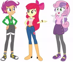 Size: 1040x877 | Tagged: safe, artist:lhenao, derpibooru import, edit, editor:thomasfan45, apple bloom, scootaloo, sweetie belle, equestria girls, adorabloom, apple bloom's bow, bare shoulders, belt, blouse, boots, bow, bracelet, clothes, converse, cute, cutealoo, cutie mark, cutie mark crusaders, cutie mark on clothes, diasweetes, female, hair bow, hairband, hands on hip, hoodie, jeans, jewelry, miniskirt, older, older apple bloom, older scootaloo, older sweetie belle, open mouth, pants, pantyhose, shoes, simple background, skirt, smiling, the cmc's cutie marks, trio, trio female, vector, white background