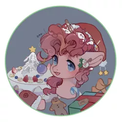 Size: 2008x2008 | Tagged: safe, artist:小huhu狸君呀, derpibooru import, pinkie pie, earth pony, pony, cake, candy, candy cane, christmas, christmas ornament, decoration, female, food, gingerbread man, hat, holiday, looking at you, mare, present, santa hat, solo