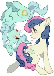 Size: 2480x3508 | Tagged: safe, artist:小huhu狸君呀, derpibooru import, bon bon, lyra heartstrings, sweetie drops, earth pony, unicorn, female, lesbian, looking at each other, lyrabon, mare, open mouth, shipping, simple background, upside down, white background