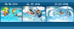 Size: 3872x1549 | Tagged: safe, artist:starmoonlightfox, derpibooru import, rainbow dash, pegasus, pony, beautiful, cloud, comparison, draw this again, female, flying, hooves, mare, rainbow trail, redraw, sky, smiling, smirk, solo, spread wings, sun, wings
