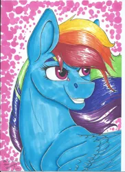 Size: 1700x2338 | Tagged: safe, artist:starmoonlightfox, derpibooru import, rainbow dash, pegasus, pony, female, folded wings, mare, simple background, smiling, solo, traditional art, wings