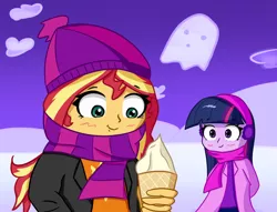 Size: 3102x2365 | Tagged: safe, artist:artiks, derpibooru import, sunset shimmer, twilight sparkle, equestria girls, clothes, duo, female, food, ice cream, scarf, snow