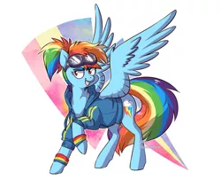 Size: 1200x974 | Tagged: safe, artist:spetu, derpibooru import, kotobukiya, rainbow dash, ponified, pegasus, pony, abstract background, alternate hairstyle, clothes, female, goggles, grin, hoodie, jacket, kotobukiya rainbow dash, lightning, mare, ponytail, raised hoof, simple background, smiling, solo, spread wings, wings