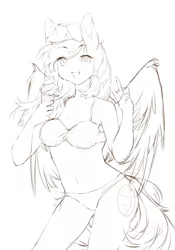 Size: 2100x3000 | Tagged: alternate version, anthro, artist:moko, beret, big tail, bikini, breasts, clothes, derpibooru import, ear fluff, fluffy tail, food, happy, happy pony, hat, ice cream, ice cream cone, large wings, oc, oc:mir, peace sign, pegasus, sketch, suggestive, swimsuit, wings