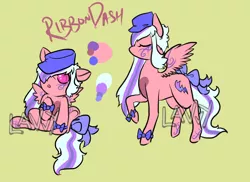 Size: 1100x800 | Tagged: safe, artist:lavvythejackalope, derpibooru import, oc, oc:ribbon hat, unofficial characters only, pegasus, pony, :o, baby, baby pony, bow, duo, eyes closed, hair over one eye, open mouth, pegasus oc, raised hoof, reference sheet, simple background, sitting, tail bow, tattoo, text, underhoof, wings