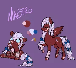 Size: 1000x900 | Tagged: safe, artist:lavvythejackalope, derpibooru import, oc, oc:maestro, unofficial characters only, pegasus, pony, :o, baby, baby pony, bow, duo, eyes closed, leg warmers, open mouth, pegasus oc, raised hoof, reference sheet, simple background, sitting, tail bow, tattoo, text, underhoof, wide eyes, wings