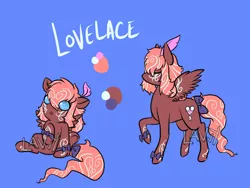 Size: 1200x900 | Tagged: safe, artist:lavvythejackalope, derpibooru import, oc, oc:lovelace, unofficial characters only, pegasus, pony, :o, baby, baby pony, bow, duo, eyes closed, open mouth, pegasus oc, raised hoof, reference sheet, simple background, sitting, tail bow, tattoo, text, underhoof, wide eyes, wings