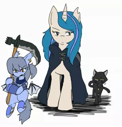 Size: 1969x2048 | Tagged: safe, artist:omegapony16, derpibooru import, oc, oc:oriponi, unofficial characters only, bat pony, cat, pony, unicorn, armor, bat pony oc, bat wings, cloak, clothes, ear piercing, earring, female, horn, jewelry, mare, necklace, piercing, scarf, scythe, simple background, unicorn oc, vest, white background, wings