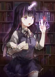 Size: 1000x1400 | Tagged: artist:_破裂之星_, beautiful, book, bookshelf, clothes, cute, derpibooru import, female, glowing hands, glowing horn, horn, horned humanization, human, humanized, miniskirt, moe, open mouth, pleated skirt, safe, skirt, solo, sweater vest, twiabetes, twilight sparkle