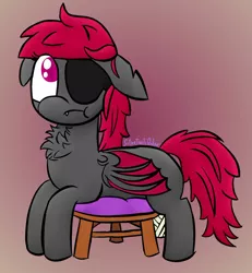 Size: 1280x1385 | Tagged: safe, artist:silversparkpone, derpibooru import, oc, oc:neon shift, bat pony, pony, chest fluff, eyepatch, female, floppy ears, mare, solo, stool