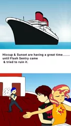 Size: 720x1280 | Tagged: safe, derpibooru import, edit, flash sentry, sunset shimmer, human, equestria girls, crossover, crossover shipping, hiccup horrendous the third, how to train your dragon, ponied up, recorder, ship, shipping