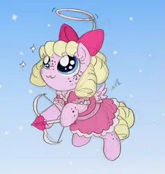 Size: 631x665 | Tagged: safe, artist:ravenpuff, deleted from derpibooru, derpibooru import, oc, oc:precious, unofficial characters only, pegasus, pony, :3, arrow, bow, bow (weapon), bow and arrow, clothes, cupid, dress, female, filly, freckles, hair bow, halo, hoof hold, pegasus oc, smiling, solo, weapon, wings