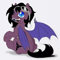 Size: 661x668 | Tagged: safe, artist:ravenpuff, deleted from derpibooru, derpibooru import, oc, oc:puffy, unofficial characters only, bat pony, pony, bat pony oc, bat wings, fangs, female, goggles, looking back, mare, mouth hold, open mouth, pen, sitting, slit eyes, solo, underhoof, wings