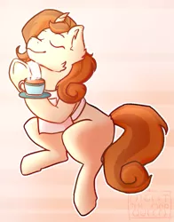 Size: 1957x2491 | Tagged: safe, artist:night_the_mad_queen, derpibooru import, cinnamon chai, pony, abstract background, apron, background pony, clothes, cup, cute, eyes closed, food, tea, teacup