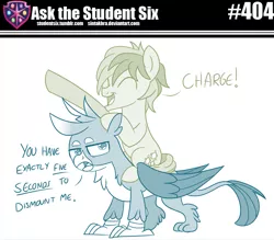 Size: 800x700 | Tagged: safe, artist:sintakhra, derpibooru import, gallus, sandbar, gryphon, pony, tumblr:studentsix, duo, gallus is not amused, male, ponies riding griffons, riding, this will not end well, unamused