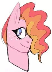 Size: 877x1199 | Tagged: artist:iesbeans, bust, derpibooru import, female, freckles, hair over one eye, mare, oc, offspring, parent:big macintosh, parent:cheerilee, parents:cheerimac, safe, simple background, smiling, solo, white background