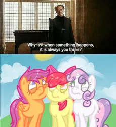 Size: 1158x1264 | Tagged: safe, artist:steeve, derpibooru import, edit, apple bloom, scootaloo, sweetie belle, earth pony, human, pegasus, pony, unicorn, cutie mark crusaders, harry potter, meme, minerva mcgonagall