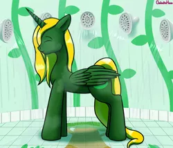 Size: 3500x3000 | Tagged: safe, artist:galacticham, derpibooru import, oc, oc:prince ecosis, unofficial characters only, alicorn, pony, alicorn oc, eyes closed, horn, male, shower, showering, signature, smiling, solo, stallion, steam, water, wet, wet mane, wings