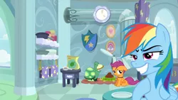 Size: 1280x720 | Tagged: safe, derpibooru import, edit, edited screencap, screencap, rainbow dash, scootaloo, tank, pegasus, pony, secrets and pies, collar, female, mare, needs more jpeg, op isn't even trying anymore, pet food, rainbow dash's house, rainbow douche, scootapet, sitting