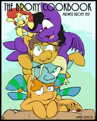 Size: 2550x3200 | Tagged: safe, alternate version, artist:lucas_gaxiola, derpibooru import, oc, oc:charmed clover, oc:chit chat, oc:the brony chef, unofficial characters only, earth pony, pegasus, pony, colored, earth pony oc, female, male, mare, midwest brony fest, pegasus oc, pony pile, signature, stallion, wings