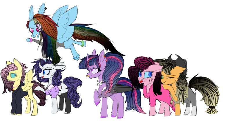 Size: 1179x624 | Tagged: safe, artist:bublebee123, artist:icey-wicey-1517, color edit, derpibooru import, edit, applejack, fluttershy, pinkie pie, rainbow dash, rarity, twilight sparkle, twilight sparkle (alicorn), alicorn, earth pony, pegasus, pony, unicorn, alternate hairstyle, anklet, bracelet, chest fluff, clothes, collaboration, colored, cowboy hat, cross, curved horn, dress, ear piercing, earring, edgy, eye scar, goth, hat, hoodie, horn, jeans, jewelry, leg fluff, mane six, missing cutie mark, necklace, nose piercing, nose ring, one eye closed, open mouth, pants, piercing, ponytail, raised hoof, scar, shirt, simple background, socks, spiked wristband, stockings, thigh highs, torn clothes, transparent background, unshorn fetlocks, wall of tags, wristband