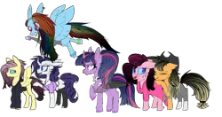 Size: 1179x624 | Tagged: safe, artist:bublebee123, artist:icey-wicey-1517, color edit, derpibooru import, edit, applejack, fluttershy, pinkie pie, rainbow dash, rarity, twilight sparkle, twilight sparkle (alicorn), alicorn, earth pony, pegasus, pony, unicorn, alternate hairstyle, anklet, bracelet, chest fluff, clothes, collaboration, colored, cowboy hat, cross, curved horn, dress, ear piercing, earring, edgy, eye scar, goth, hat, hoodie, horn, jeans, jewelry, leg fluff, mane six, missing cutie mark, necklace, nose piercing, nose ring, one eye closed, open mouth, pants, piercing, ponytail, raised hoof, scar, shirt, simple background, socks, spiked wristband, stockings, thigh highs, torn clothes, transparent background, unshorn fetlocks, wall of tags, wristband