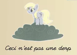 Size: 971x700 | Tagged: artist:himynameisnickel, artist:super trampoline, cloud, derpibooru import, derpy hooves, fine art parody, french text, rené magritte, safe, text, the treachery of images, writeoff