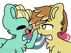 Size: 1000x748 | Tagged: safe, artist:firefox238, artist:nootnuts, derpibooru import, feather bangs, zephyr breeze, earth pony, pegasus, pony, base used, bedroom eyes, boop, chest fluff, ear fluff, eyes closed, gay, looking at each other, male, raised hoof, shipping, simple background, stallion, transparent background, zephyrbangs