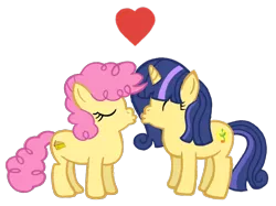 Size: 2732x2048 | Tagged: safe, artist:turnaboutart, derpibooru import, li'l cheese, oc, oc:sunlight sprout, earth pony, pony, unicorn, the last problem, canon x oc, colt, eyes closed, female, filly, heart, imminent kissing, magical lesbian spawn, male, offspring, offspring shipping, parent:lemon hearts, parent:twilight sparkle, parents:lemonlight, simple background, straight, sunlightcheese, transparent background, young love