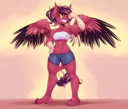 Size: 3000x2559 | Tagged: abs, anthro, armpits, artist:drizziedoodles, bandeau, belly button, breasts, chest wrap, clothes, derpibooru import, female, flexing, grin, hand on hip, high res, leonine tail, mare, midriff, muscles, muscular female, oc, oc:oxide, original species, paws, plantigrade anthro, ponytail, safe, shorts, simple background, smiling, solo, talons, unofficial characters only, wings