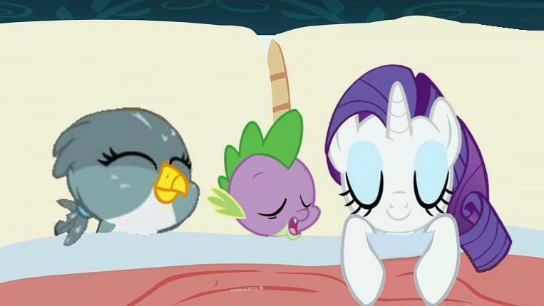 Size: 763x430 | Tagged: safe, derpibooru import, gabby, rarity, spike, dragon, gryphon, pony, unicorn, bed, best end, bisexual, female, lesbian, male, mare, polyamory, shipping, sleeping, spabby, sparibby, sparity, spike gets all the mares, straight