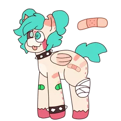 Size: 2000x2000 | Tagged: safe, artist:rigbythememe, derpibooru import, oc, oc:gumi (rigbythememe), unofficial characters only, pegasus, pony, bandage, bandaid, blind, bracelet, choker, collar, female, missing limb, reference, reference sheet, scar, solo, spiked choker, spiked collar, spiked wristband, torn ear, wristband