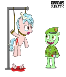 Size: 1577x1830 | Tagged: grimdark, artist:gradiusfanatic, derpibooru import, cozy glow, pegasus, pony, abuse, amputation, blood, cozybuse, crossover, crying, female, filly, flippy, hanging, hanging (by neck), happy tree friends, imminent death, mutilation