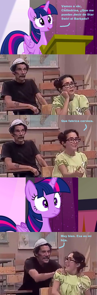 Size: 512x1558 | Tagged: alicorn, artist:gradiusfanatic, chilindrina, crossover, derpibooru import, don ramon, el chavo del 8, safe, spanish, translation request, twilight sparkle, twilight sparkle (alicorn)