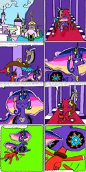 Size: 1600x3200 | Tagged: safe, artist:eternaljonathan, author:bigonionbean, derpibooru import, discord, oc, oc:prince hunk, oc:princess universe, alicorn, draconequus, pony, comic:super party fusion, alicorn oc, alicorn princess, angry, butt, butt slam, canterlot, canterlot castle, comic, commissioner:bigonionbean, cutie mark, dat ass was fat, dialogue, female, flashback, floating, frustrated, fusion, fusion:prince hunk, fusion:princess universe, horn, irritated, jewelry, jiggling, male, mare, panicking, plot, regalia, snorting, stallion, suffocating, teasing, thicc ass, thought bubble, torture, trotting, wings