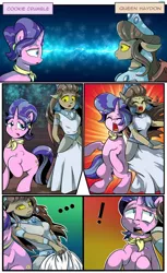 Size: 1280x2094 | Tagged: safe, artist:candyclumsy, derpibooru import, cookie crumbles, queen haydon, oc, anthro, gargoyle, pony, unicorn, spoiler:comic, anthro oc, clothes, comic, confused, dress, embarrassed, female, forced, fusion, magic, mare, merging, shocked