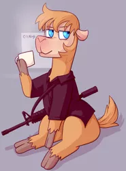 Size: 1053x1425 | Tagged: alpaca, ar15, artist:ninji, assault rifle, cloven hooves, coffee, computer, derpibooru import, gun, machine pistol, oc, oc:lawrence, rifle, safe, weapon