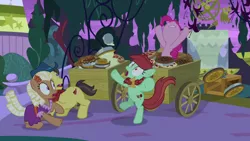 Size: 1920x1080 | Tagged: apple family member, candy apples, cart, derpibooru import, food, pie, pinkie pie, safe, screencap, the summer sun setback