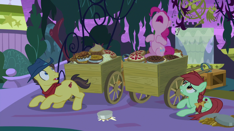 Size: 1920x1080 | Tagged: apple family member, candy apples, cart, derpibooru import, food, pie, pinkie pie, safe, screencap, the summer sun setback