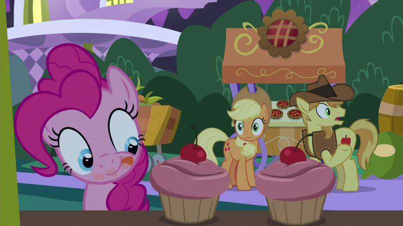 Size: 1920x1080 | Tagged: safe, derpibooru import, screencap, applejack, braeburn, pinkie pie, earth pony, pony, the summer sun setback, :p, applejack's hat, barrel, canterlot, cherry, cowboy hat, cupcake, cute, diapinkes, food, hat, looking at something, messy, night, open mouth, pie, raised hoof, stand, this will end in weight gain, tongue out, under hoof