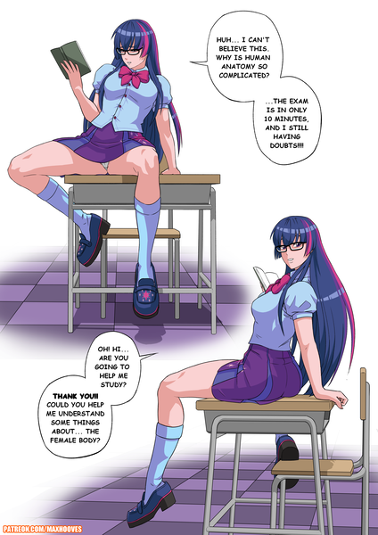 Size: 2893x4092 | Tagged: suggestive, artist:rambon7, derpibooru import, kotobukiya, twilight sparkle, twilight sparkle (alicorn), alicorn, human, book, breasts, classroom, clothes, desk, glasses, human coloration, humanized, i can't believe it's not sci-twi, imminent sex, implied sex, kotobukiya twilight sparkle, lidded eyes, looking at you, looking back, looking back at you, looking over shoulder, miniskirt, moe, panties, patreon, pleated skirt, school, shoes, sitting, skirt, socks, spread legs, spreading, thighs, twilight's professional glasses, underwear, upskirt