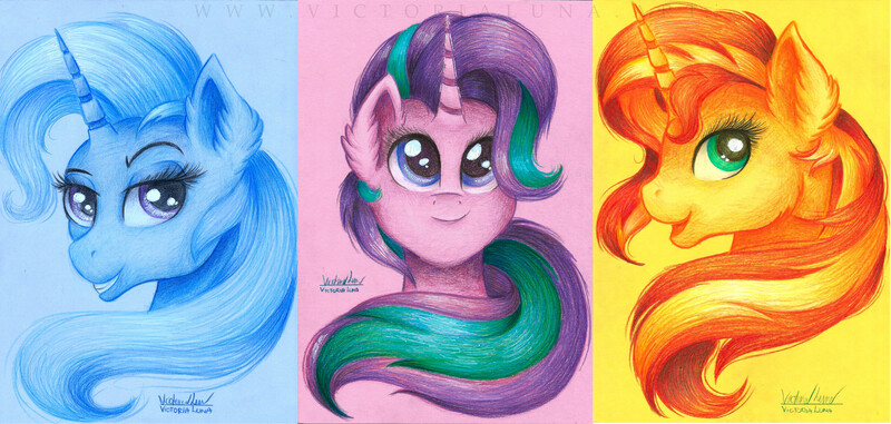 Size: 4908x2335 | Tagged: safe, artist:victoria-luna, derpibooru import, starlight glimmer, sunset shimmer, trixie, pony, unicorn, bust, ear fluff, female, high res, mare, portrait, traditional art, trio